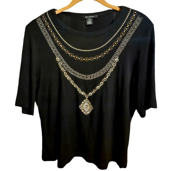St. John Tops - St. John Black Gold Vintage Embellished Beaded  T-Shirt Top Size Large